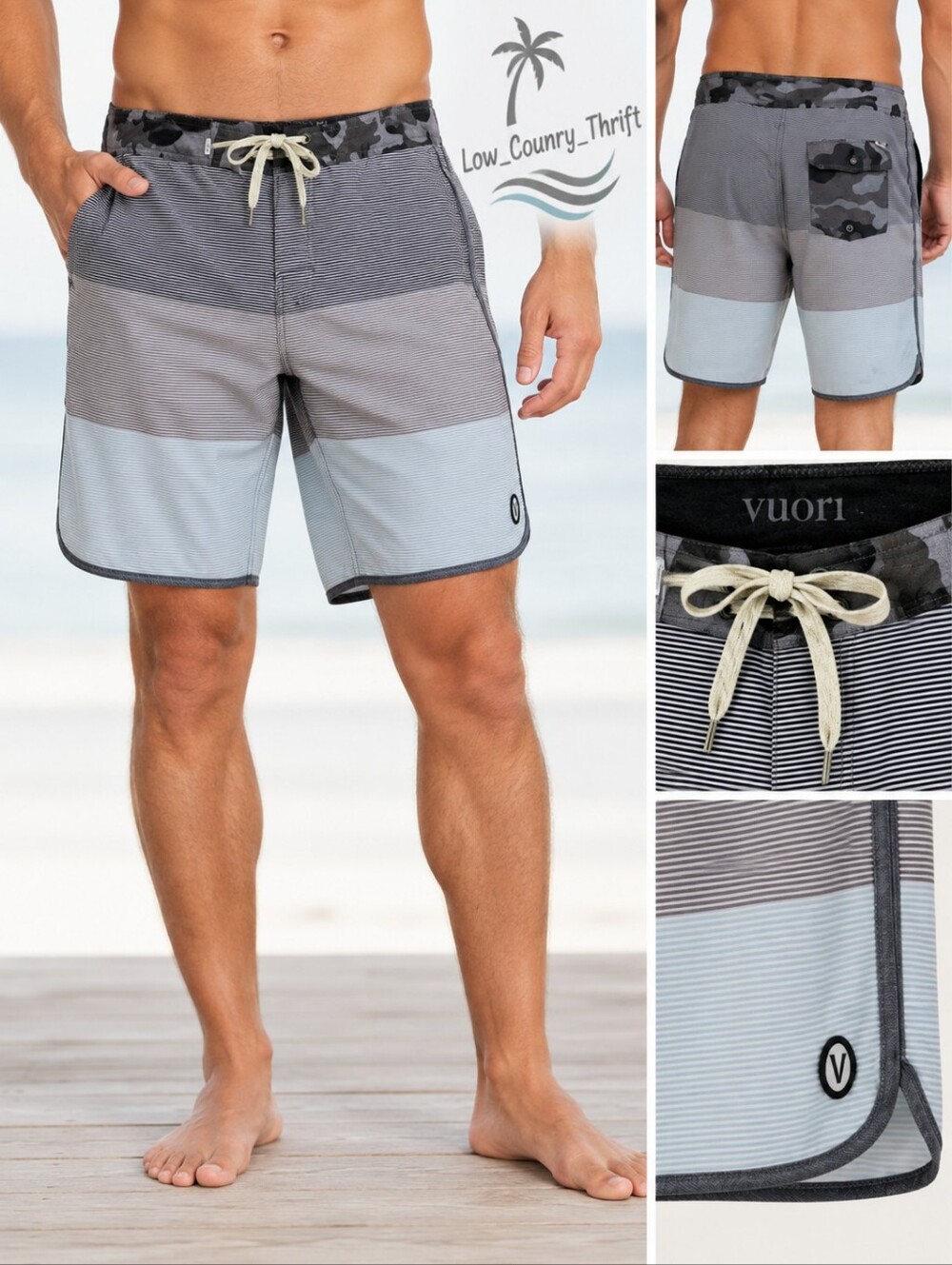 Vuori Men's 34 Board Shorts Gray Black Striped Camo Hybrid Swim Surf